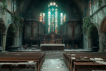 Abandoned church with broken stained glass and rotting pews