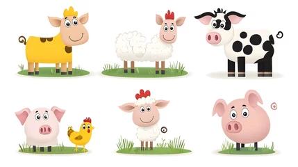 Keuken achterwand Boerderij Cheerful cartoon farm animals including a cow sheep pig and chicken standing together in a lush grassy meadow setting  The animals are depicted in a playful whimsical manner  © NKCoolper