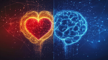A split-screen illustration of a brain and a heart, highlighting the contrast between analytical and and emotional thinking, Generative AI