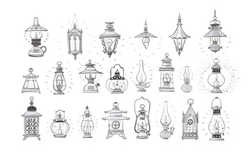 Collection of doodle-style vintage lanterns and lamps, each uniquely detailed and hand-drawn on white background