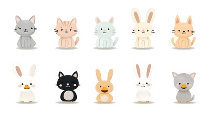 Fototapeta premium Cute and cuddly cartoon kitten puppy bunny and duckling in a warm pastel colored set with soft friendly expressions and smiles