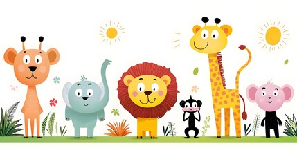 Vibrant and Whimsical Cartoon of Playful Jungle Animals like Lion Elephant Giraffe and Monkey in a Cheerful Tropical Forest Landscape
