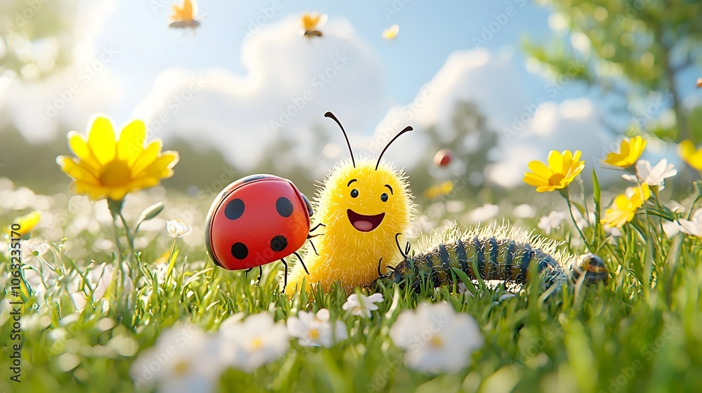 Poster cheerful cartoon of a collection of adorable insect characters including a butterfly ladybug bee and