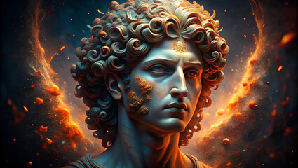 A detailed sculpture of a male figure with curly hair, surrounded by fiery elements and ethereal light, conveying a sense of power and grandeur.
