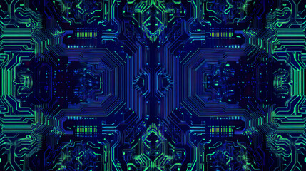 Abstract futuristic circuit board design with symmetrical neon patterns