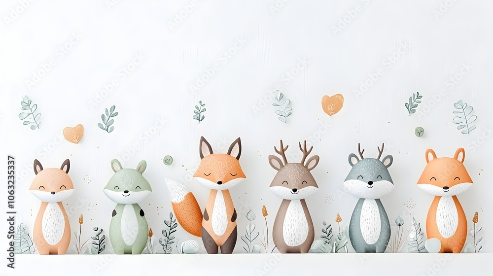 Poster whimsical and charming of a group of forest animal cartoon characters including a fox bear squirrel 