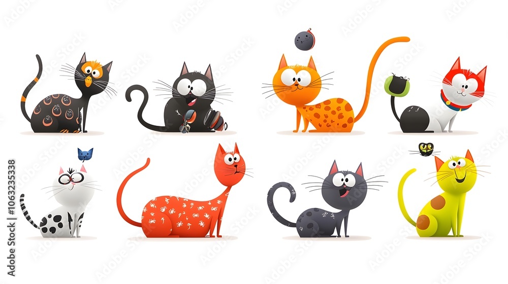 Poster Whimsical collection of funny cartoon cats with various colors patterns and playful poses each featuring unique and imaginative accessories
