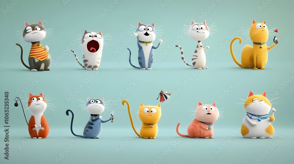 Poster A collection of fun and colorful cartoon cats each with unique patterns and designs captured in a variety of playful and mischievous poses alongside various accessories and accents