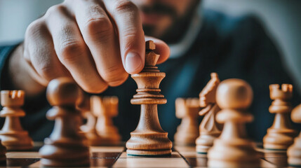 A focused player making a strategic move in a chess game during an indoor tournament setting