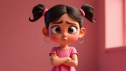 Sad or offended girl with big brown eyes in a pink dress and two tails on her head, arms crossed on her chest, stands on a pink background. Cartoon expresses emotions