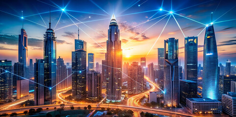 Fototapeta premium A futuristic urban skyline at sunset, featuring tall skyscrapers and illuminated connections, symbolizing technology and modernity.