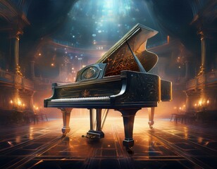 A grand piano featured on a background, symbolizing elegance and music, perfect for event promotions or educational content
