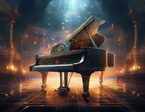 A grand piano featured on a background, symbolizing elegance and music, perfect for event promotions or educational content