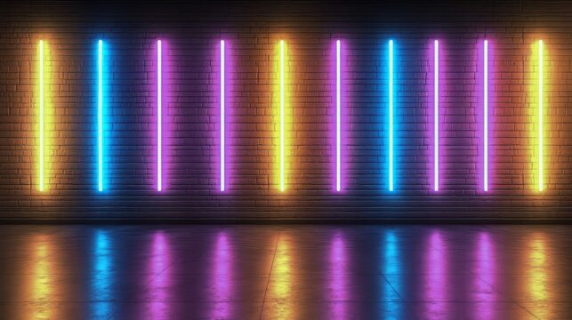 Vibrant Neon Lights on a Brick Wall in Dark Setting