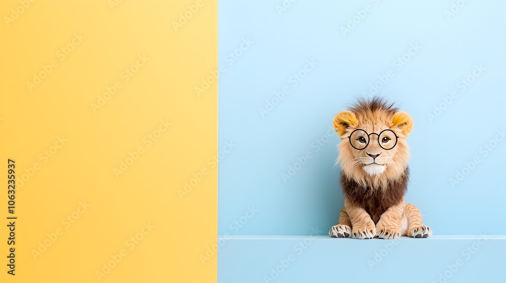 Poster adorable lion wearing round glasses posing in a playful and stylish manner isolated on a vibrant and