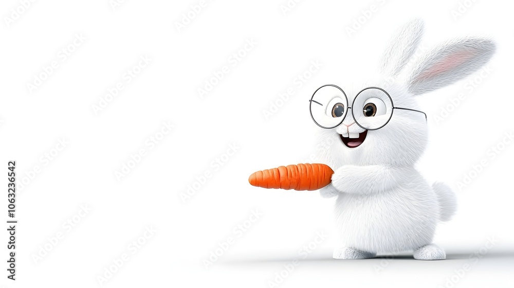 Poster charming cartoon rabbit character wearing round glasses and holding a carrot in a playful whimsical 