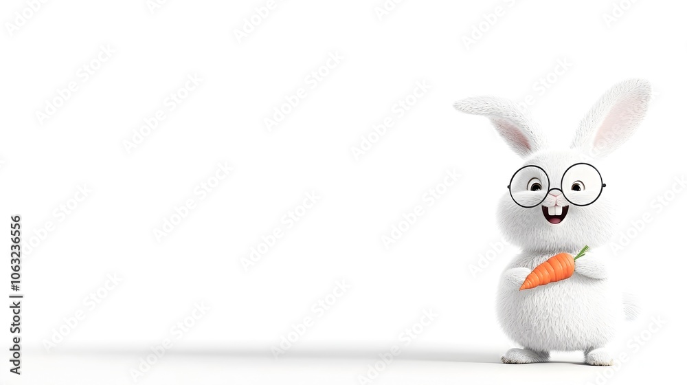 Poster cheerful and playful cartoon rabbit character wearing round glasses and holding a carrot in a warm a