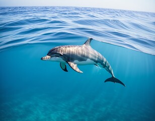 Obraz premium Joyful dolphin gliding through crystal clear ocean waters under sunlit sky
