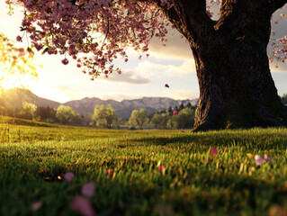A cherry blossom tree stands majestically as the sun sets, casting a warm glow over the grassy field and surrounding mountains, creating a peaceful atmosphere.