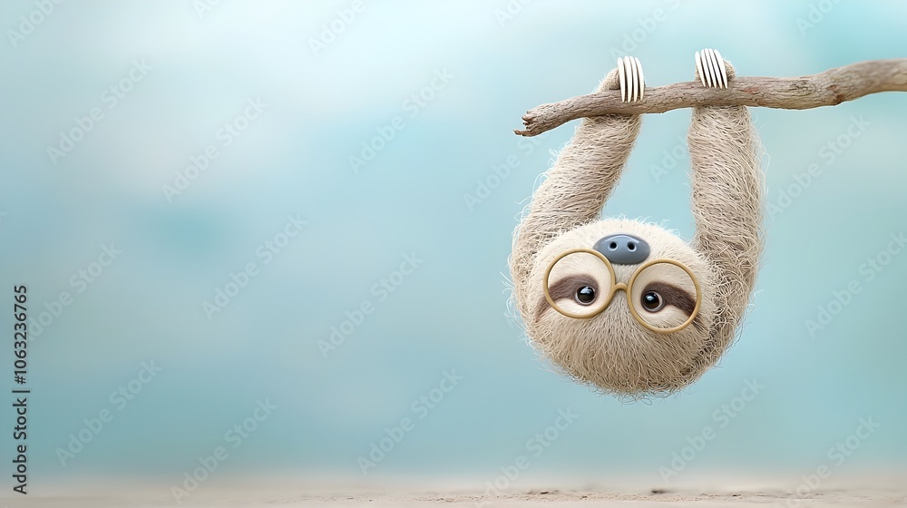 Poster adorable of a cartoon sloth wearing round glasses and hanging upside down relaxed from a lush green 