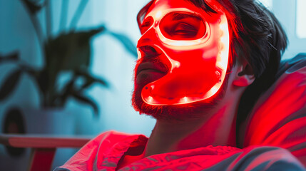 Relaxed man using red led light therapy mask for skincare and wellness. 