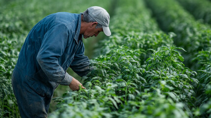 Farmer tending to vibrant green crops in a field during early morning hours, highlighting dedication to sustainable agriculture practices
