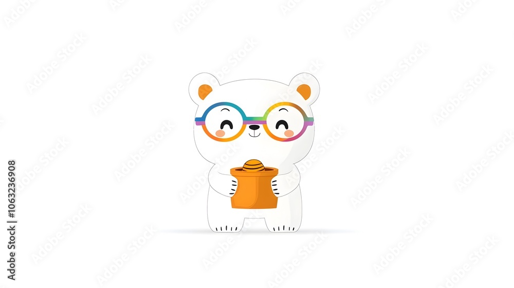 Poster adorable cartoon bear with rainbow colored glasses holding a honey pot showcasing a charming and whi