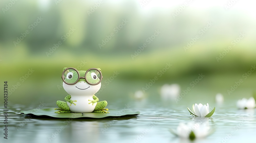Aufkleber cute and whimsical of a cartoon frog with round glasses sitting on a lily pad in a peaceful serene p