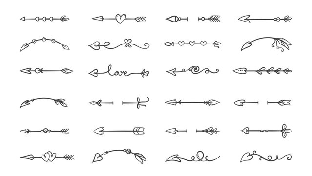 Cupids arrows line icons set. Outline hand drawn dividers with heart, flower and flourish elements. Wedding and love, Valentines Day mascot, cute arrow border icons collection vector illustration