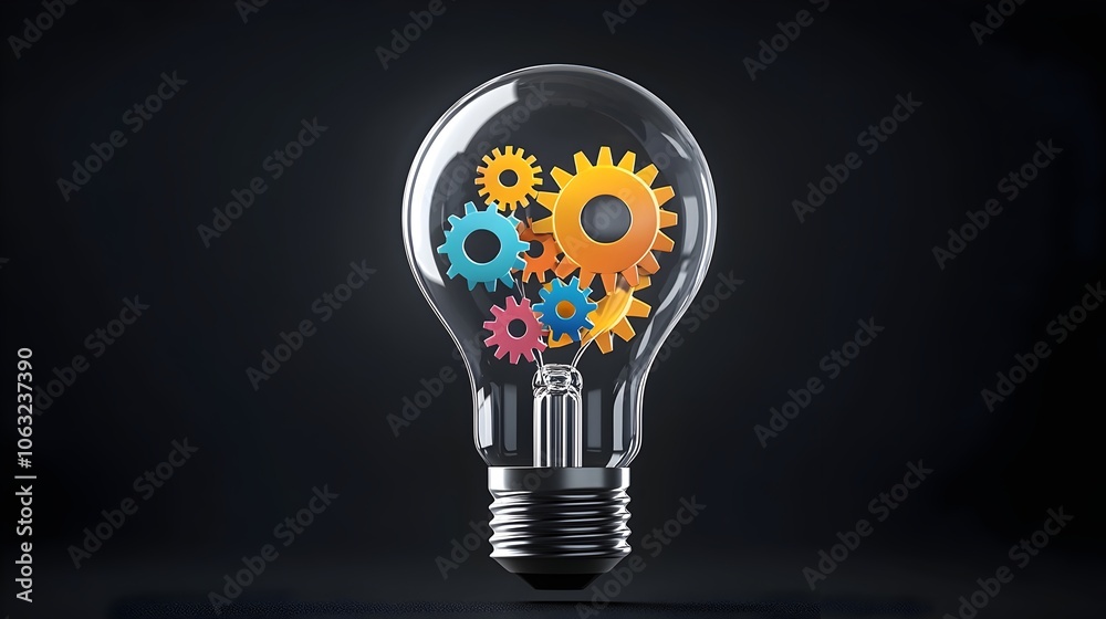 Fototapete Colorful mechanical gears and cogs inside a light bulb symbolizing creative problem solving new ideas and innovative solutions  The image represents the process of brainstorming strategy