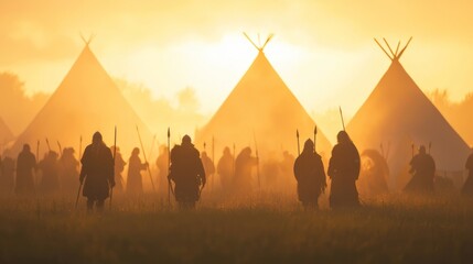 Fototapeta premium Golden Morning at the Viking Camp - Warriors Prepare for Battle with Determination and Purpose under the First Light of Dawn