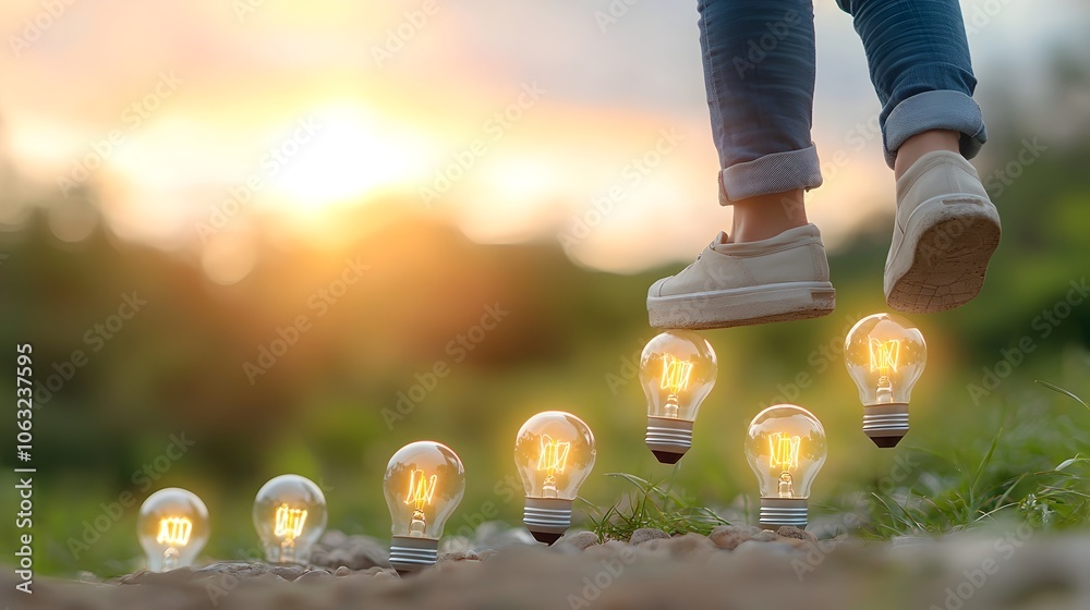 Poster a person climbing a ladder made of light bulbs representing progress innovative steps and the journe