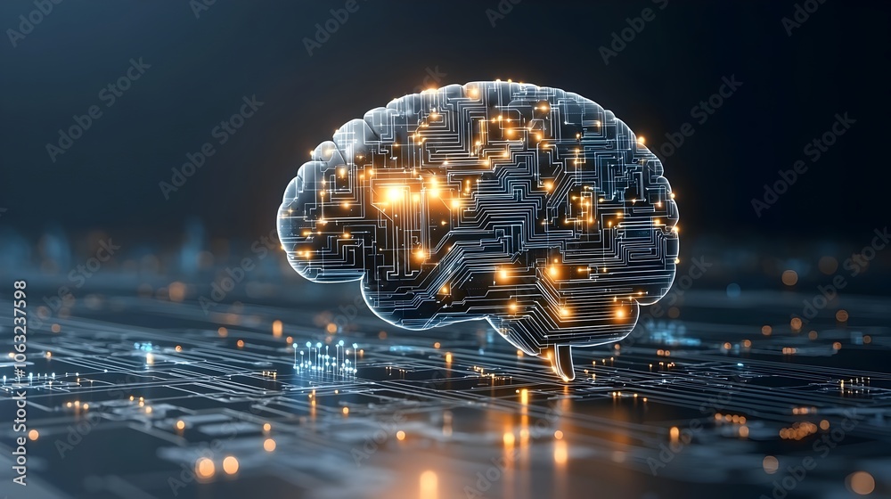 Poster innovative brain with bright lights and intricate circuit patterns symbolizing the power of the mind