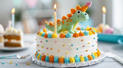 A colorful dinosaur-themed cake decorated with frosting, candles, and a playful dinosaur figure, perfect for a children's birthday celebration.