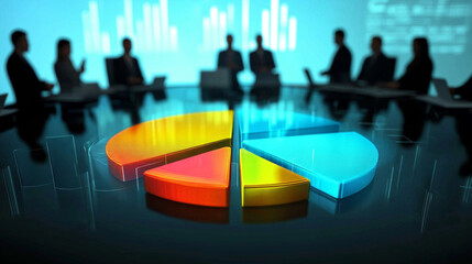 A team collaborates during a meeting, analyzing data with a holographic pie chart presented in a modern office environment