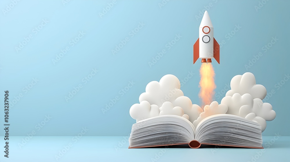 Aufkleber Rocket Lifting Off from an Open Book Representing the Boundless Potential and Transformative Power of Ideas Creativity and Innovation