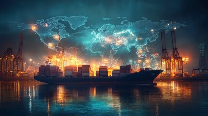 Obraz premium Global Logistic Network Distribution and Cargo Ships Delivering Containers at a Port during Night - International Delivery Concept with World Map and Illuminated