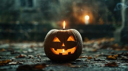 A spooky, glowing jack-o'-lantern sits on the ground surrounded by autumn leaves, symbolizing Halloween festivities.