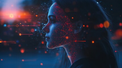 Futuristic Woman Side Profile with Glowing Neural Network and Pathways, Artificial Intelligence Concept, Technology and Human Connection