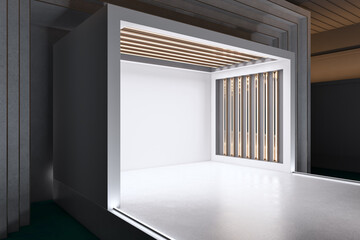 Fototapeta premium Small white theater stage design with empty mock up place. Performance and act concept. 3D Rendering.