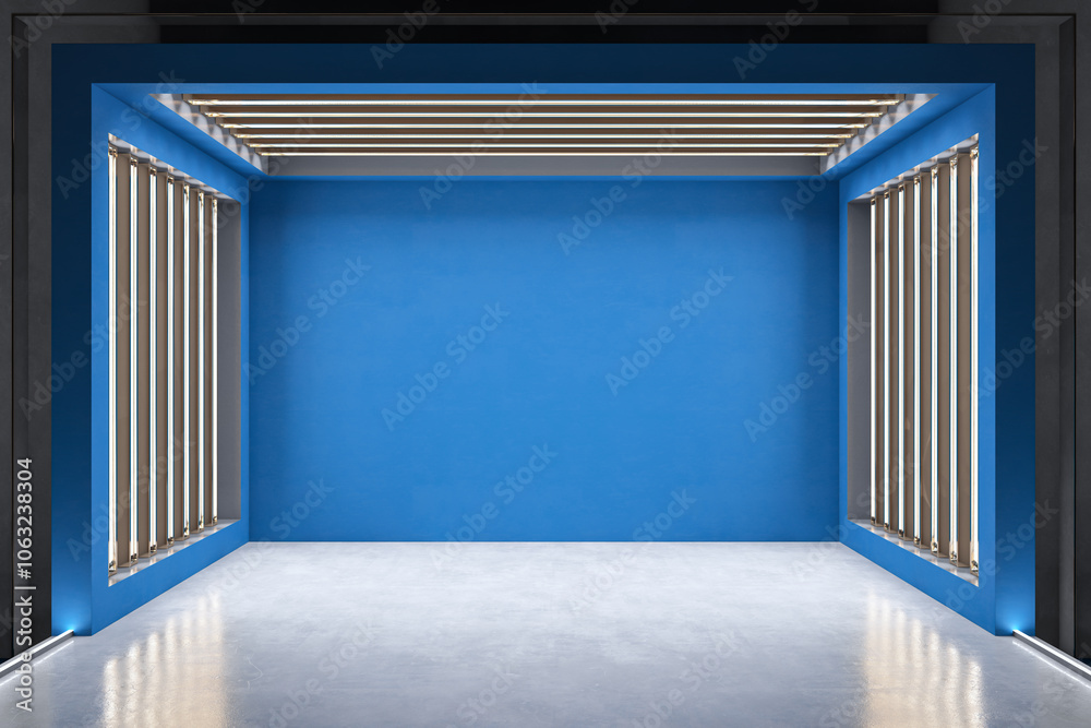 Poster Contemporary blue theater stage design with empty mock up place. Performance and act concept. 3D Rendering.