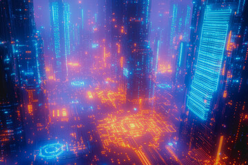 Explore a vibrant futuristic landscape filled with glowing circuit patterns and digital elements, creating an immersive virtual environment rich in color and technology.