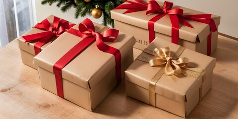 Obraz premium Close-up of kraft gift box with red ribbon, soft golden Christmas lighting. 