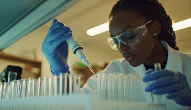A scientist carefully adds a liquid to glass test tubes in a laboratory during an experiment on a bright and productive day