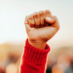 A raised fist symbolizing solidarity and empowerment against a blurred background.