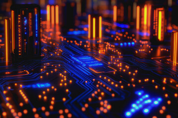 Explore a vibrant digital landscape featuring a glowing circuit board. This futuristic scene showcases intricate designs with blue and orange lights, perfect for technology-themed projects.
