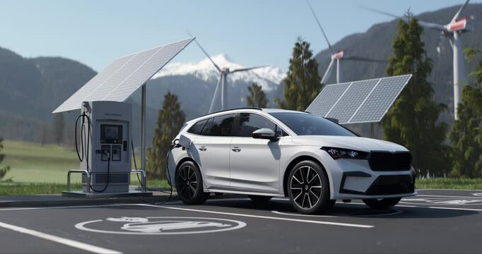 Electric vehicle charges at a solar-powered station