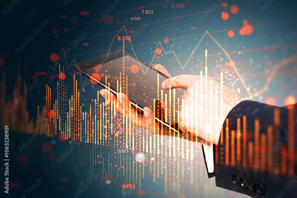 Poster close up of businessman hand using cellphone with falling red candlestick forex chart on blurry back