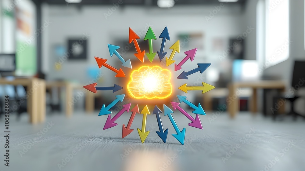 Poster Colorful Arrows Converging to Form a Glowing Idea Symbol Representing Focused Creativity Innovation and Strategic Thinking