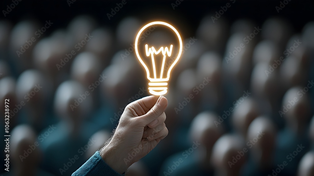 Aufkleber Hand Lifting Glowing Idea Icon from Crowd Representing Breakthrough and Uniqueness  Concept of innovation creativity leadership and problem solving leading to success and progress